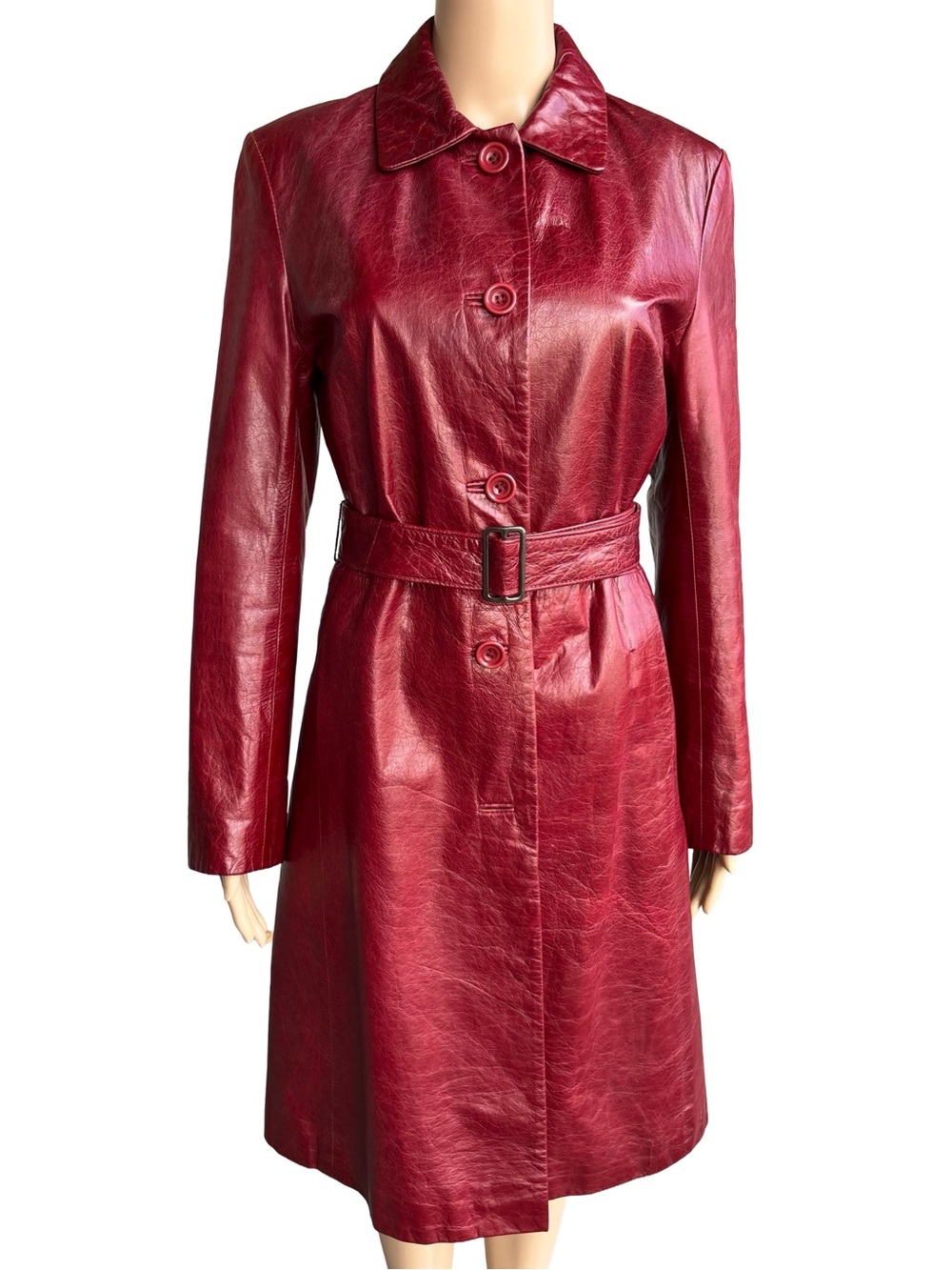 Vintage Wine Red Crackle Leather Trench Coat 8